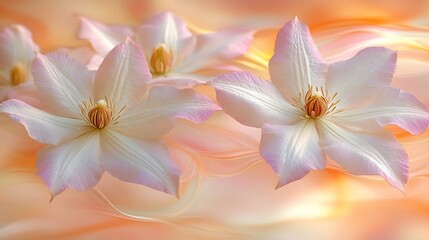 Fototapeta premium Blooming clematis flowers float on swirling orange background