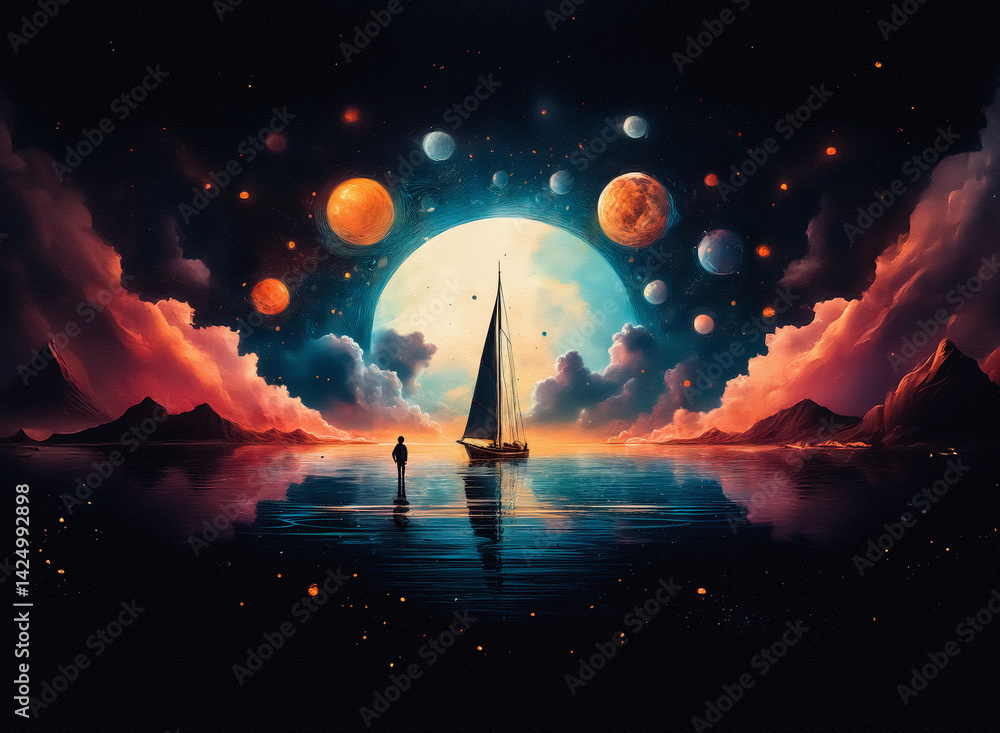 Poster a lone sailor gazes at a celestial scene. a sailing vessel is illuminated by the moon's glow. planet