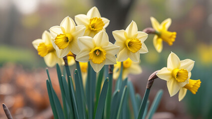 Fototapeta premium Delicate pale yellow daffodils blooming in the spring sunshine, a joyful burst of springtime color in a soft-focus outdoor setting.
