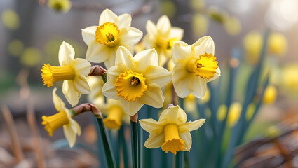A cluster of cheerful daffodils blooming brightly in the springtime sun, showcasing delicate petals and vibrant yellow hues in a soft-focus natural setting.