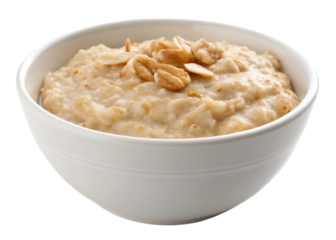 Creamy oatmeal in white ceramic bowl isolated on transparent background.
