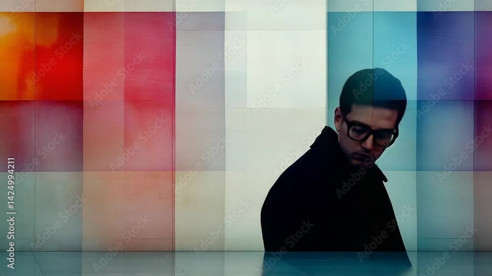 Poster abstract portrait of a man in deep thought against colorful background with vibrant hues and geometr