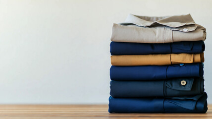 A stack of neatly folded work clothes in various shades of blue and beige, symbolizing preparation for Labor Day and a professional work environment.