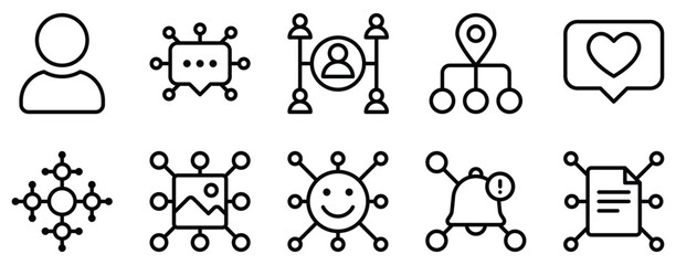 Social Network Icon Set Line Style Collection representing online connections and digital communication suitable for social media platforms community building and networking applications