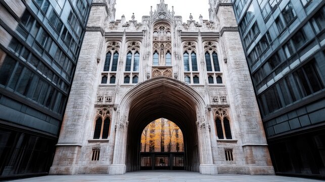 Historic stone archway, flanked by modern buildings.  Exterior view of a grand entryway with gothic architecture