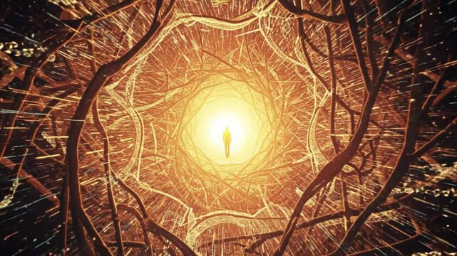 Luminous digital pathway glowing with increasing brightness, revealing male figure walking through organic numeric tunnel, symbolizing transformative inner journey of personal growth and potential