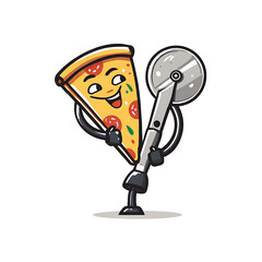 Obraz premium A pizza cutter with arms and face slicing a pizza