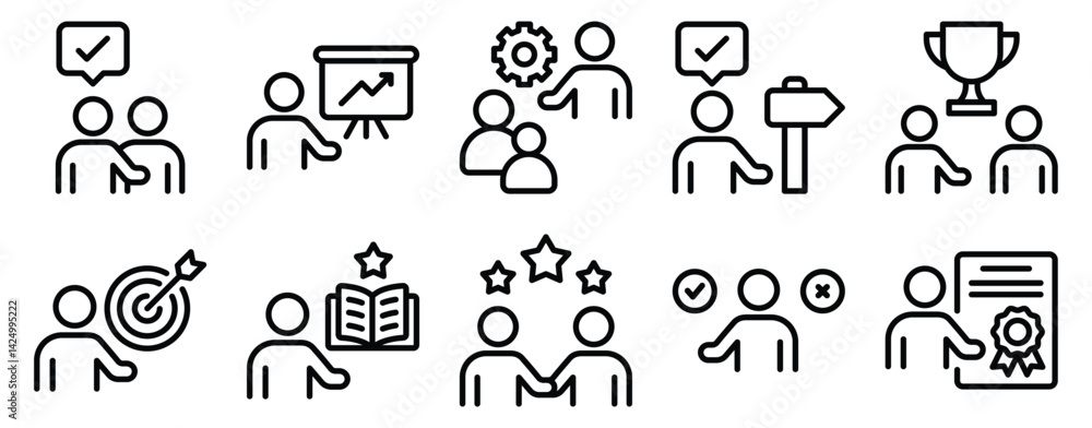 Poster mentoring icon set line style collection representing guidance support and skill development suitabl