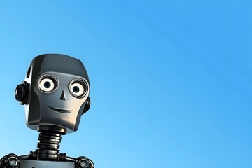 Smiling cartoon-style robot with metallic gray head and large expressive eyes against a bright blue sky background, friendly and futuristic character design for technology concept illustration
