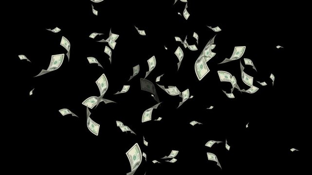 Money rain falling down, Rotating Dollar Bill on green screen, money fall animation effect black screen overly, 100 Dollar Bills black Screen. 3D Animation Money Rain, 100 USD