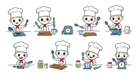 Obraz premium Stick Figure Chef in Cooking Process with Kawaii Style Cartoon on White Background
