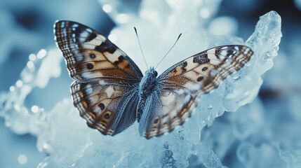 Obraz premium Butterfly rests on frozen branch against blurred background