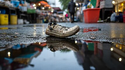 Abandoned Shoe Reflecting in Puddle on Wet Pavement in Urban Setting