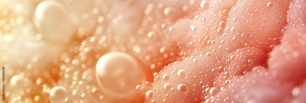 Poster close-up of peach texture with shimmering water droplets and light reflection