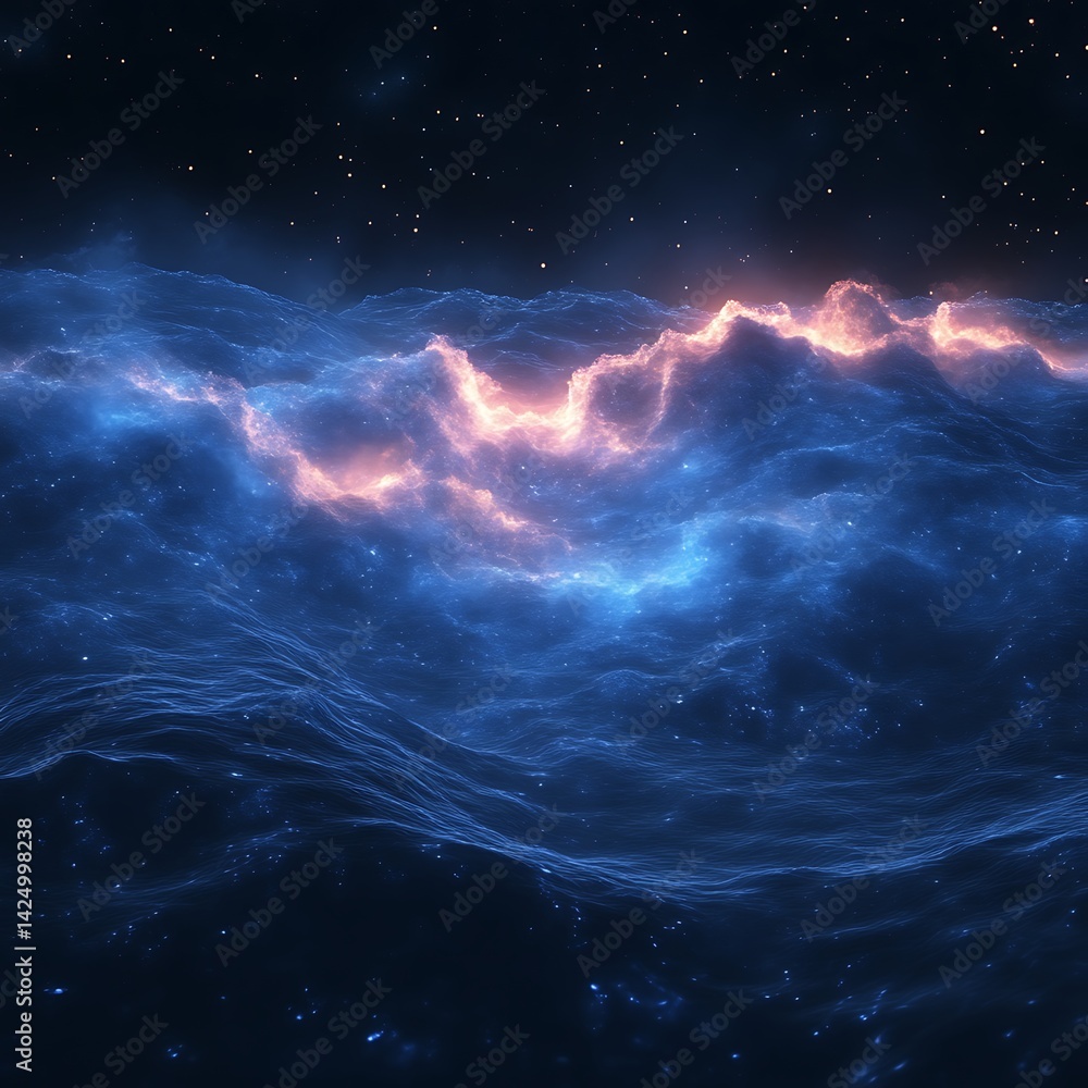 Poster glowing nebula waves in deep space
