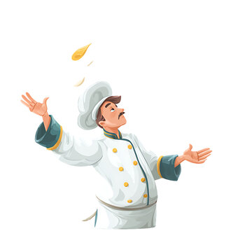 A vector illustration of a pizza chef tossing dou