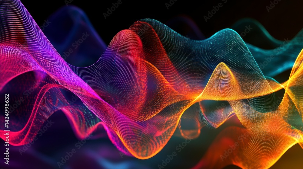 Poster abstract colorful wave particles flowing on dark background.
