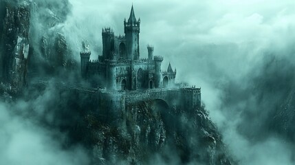Fototapeta premium Castle atop mountain peak engulfed in fog, moody sky background, dramatic