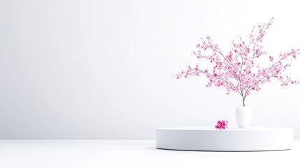 Obraz premium Pink Blossom Branch on White Pedestal Minimalist Studio Lighting Wide Shot Display Peaceful Serenity Perfect for Product Mockups Soft White Background