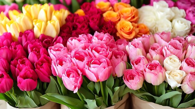Vibrant tulip display presents a colorful floral arrangement diversity