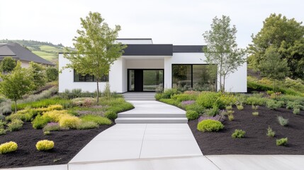 Fototapeta premium Modern home with landscaped front yard