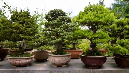 Fototapeta premium Outdoor display of meticulously shaped bonsai trees in classic pots