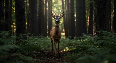 A young deer stands still on a forest path, surrounded by tall trees and bathed in soft natural light.