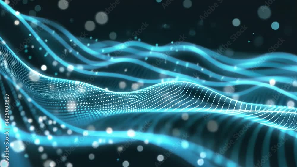 Poster abstract digital waves of glowing blue particles create mesmerizing visual effect, evoking sense of 