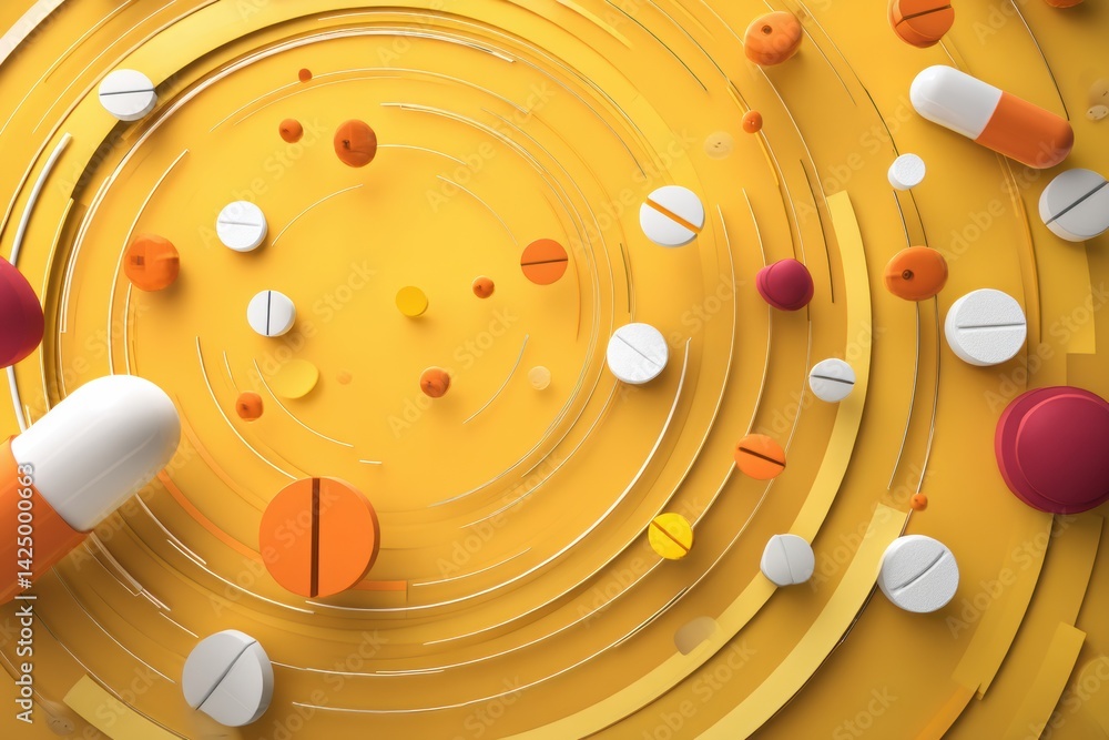Poster bright minimalistic pills and icons circle in motion showcasing health and wellness on a vibrant yel