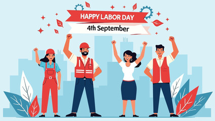 Happy Labor Day Celebration Diverse Workers City Background