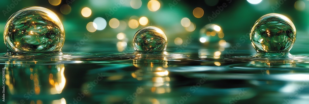 Poster glass spheres floating on water with bokeh lights in background