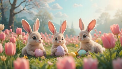 Three Bunnies with Easter Eggs in Tulip Field