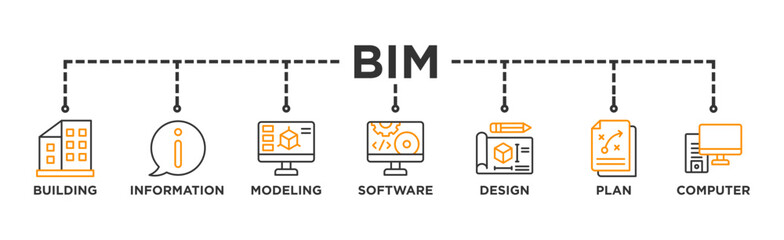BIM banner web icon illustration concept for building information modeling with icon of building, information, modeling, software, design, plan, and computer