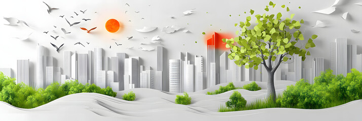 The person who knows. Tree, Achieve sustainable growth, World Environment Day. White eco urban city and nature landscape background paper art style.