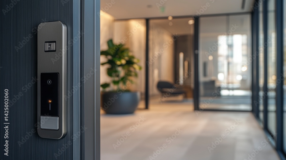 Poster modern building interior hallway entrance with keycard reader and blurred background showing lobby f