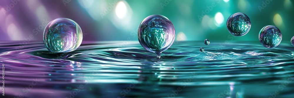 Poster floating water droplets creating ripples on the surface with bokeh lights