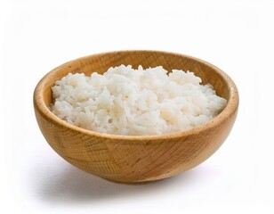 A wooden bowl filled with freshly cooked white rice perfect for healthy meals and culinary backgrounds