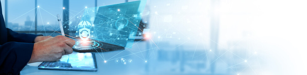 Cybersecurity: Businessman analyzing and securing data for threat detection, risk management, data encryption, firewall protection, vulnerability assessment, and network security protocols.