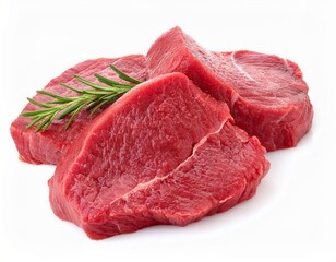 Three Raw Beef Steaks Garnished with Fresh Rosemary Sprig Isolated on White Background