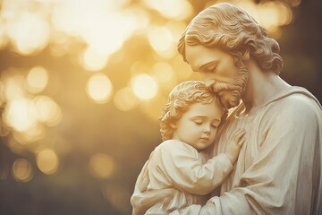 A stone sculpture depicts a parent holding a sleeping child lovingly