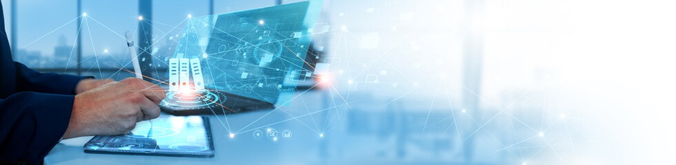 Document Management: Businessman analyzing and organizing data for document storage, file...