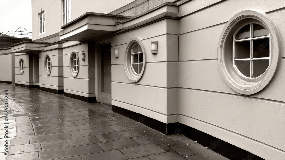 Poster a row of circular windows in a curved wall, creating a rhythmic pattern - art light contemporary
