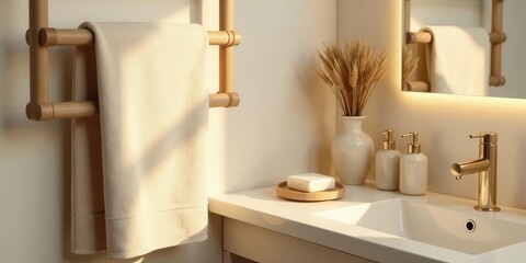 Serene Bathroom Sanctuary Soft Light Illuminates a Plush Towel, Elegant Soap Dish, and Gold-Toned Faucet