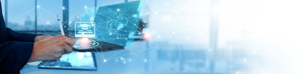 E-learning: Businessman analyzing and interpreting data for course performance, learner engagement,...