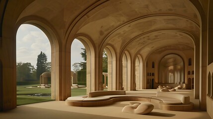 Sophisticated Architectural Sanctuary: Serene Interior with Arches and Landscape View