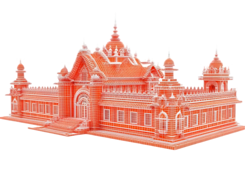 3D Illustration of an Orange Temple Architecture with White Details and Isolated Transparent Background