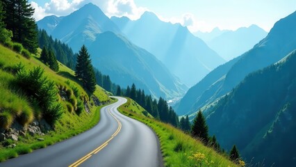 A scenic winding road journey through a majestic mountain range, lush green hillsides, and vibrant vegetation under a bright, sunny sky