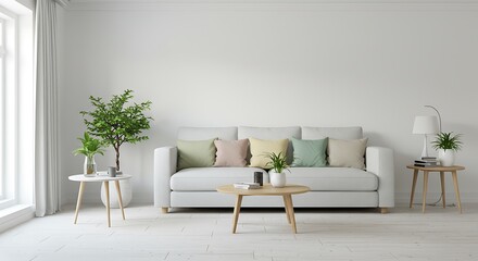 A minimalist living room featuring a white sofa with pastel cushions and wooden side tables with plants