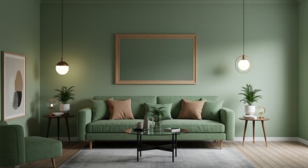 A living room with green walls and furniture with a modern design and a minimalist style decor