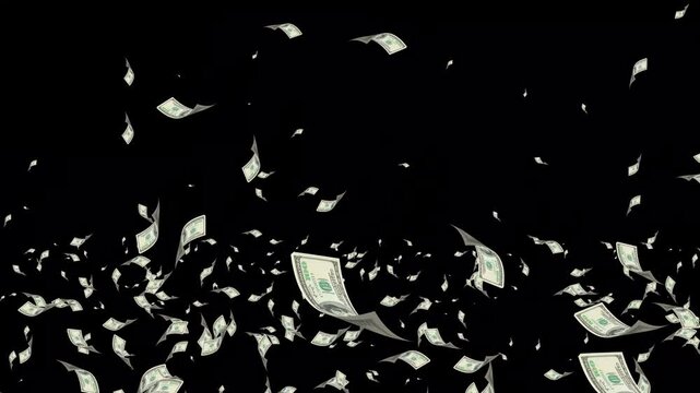 Money rain falling down, Rotating Dollar Bill on green screen, money fall animation effect black screen overly, 100 Dollar Bills black Screen. 3D Animation Money Rain, 100 USD